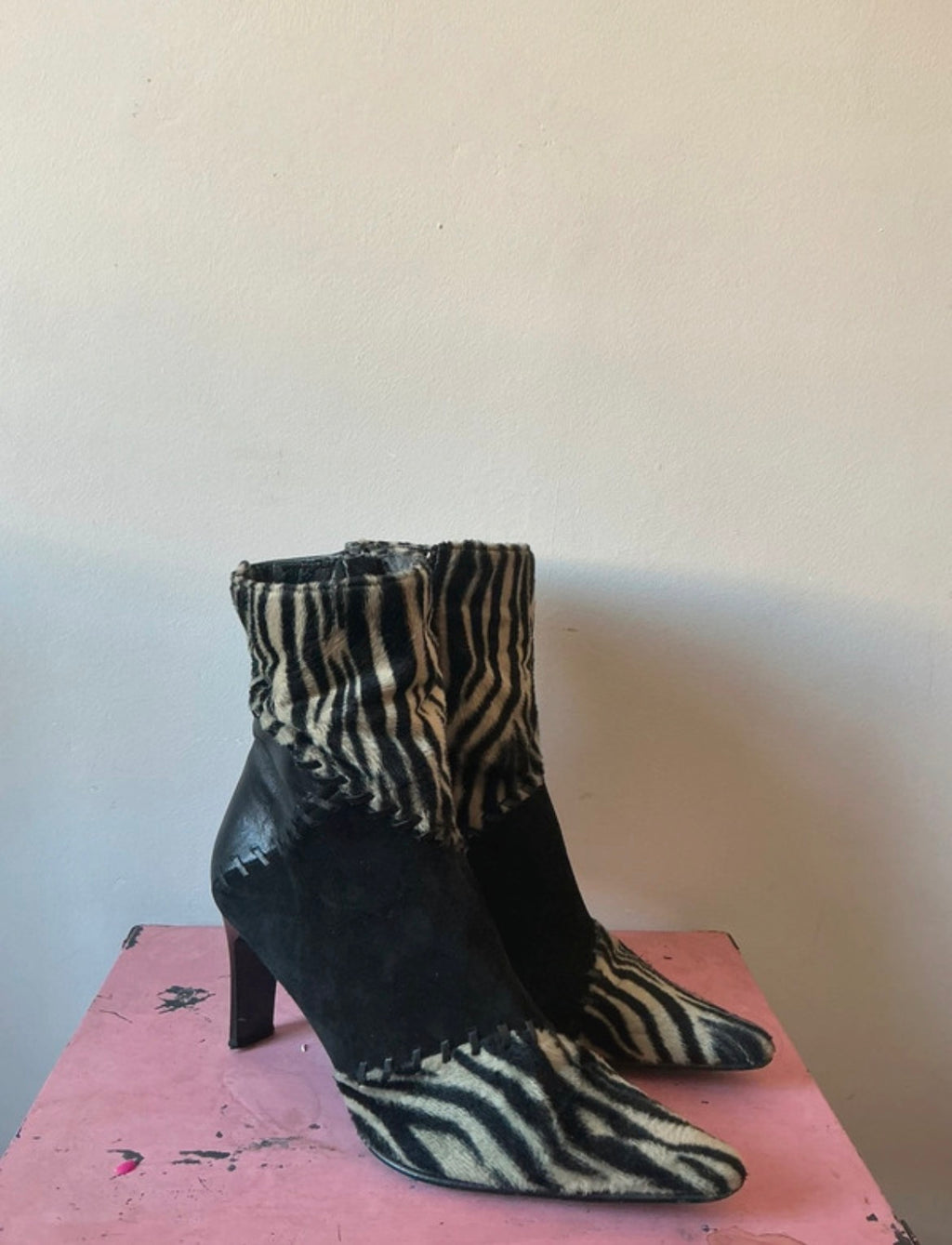 Vintage Made in Italy Y2K боти на ток със зебров принт и patchwork дизайн
