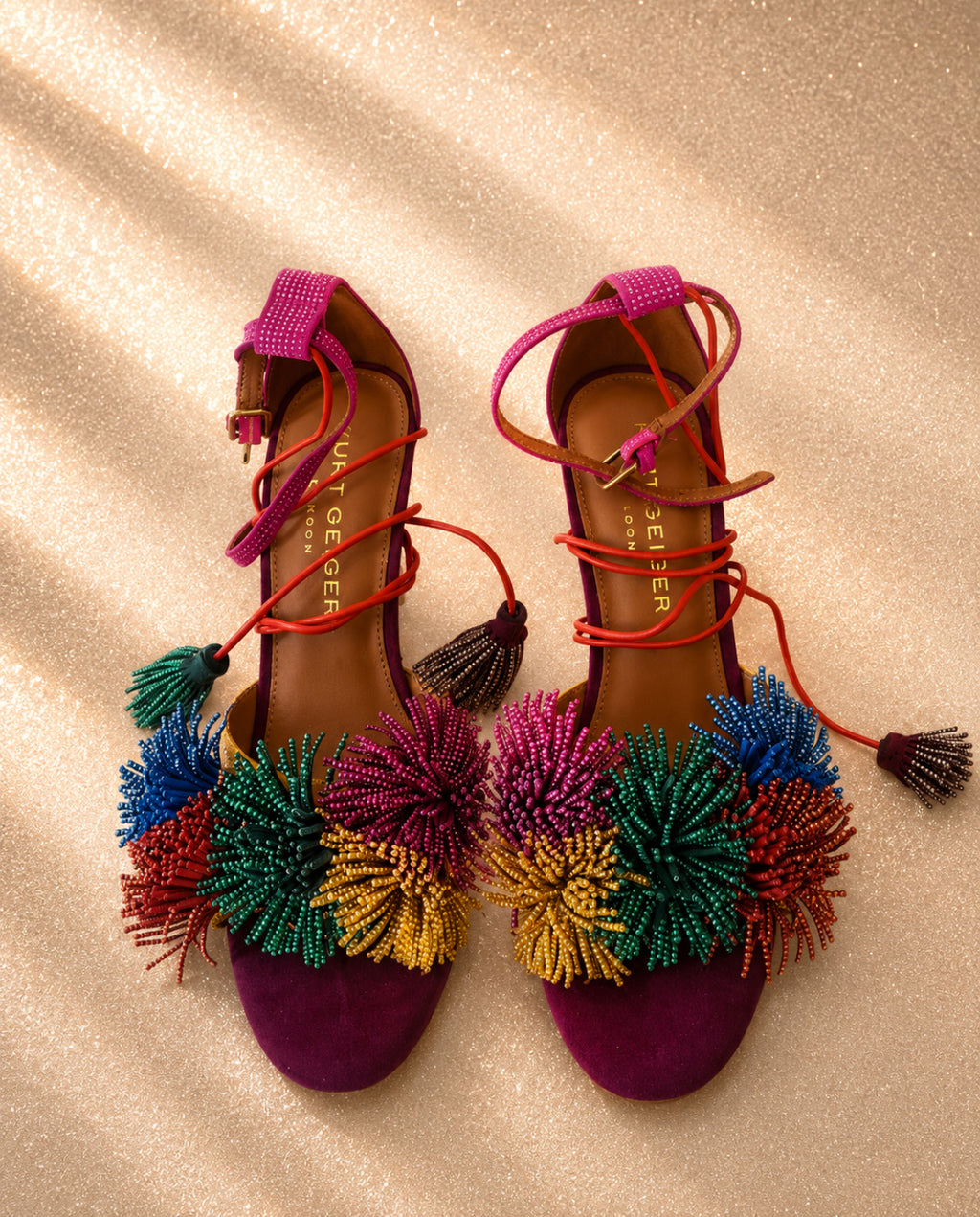 Сандали с ток Kurt Geiger Pom Pom Ankle Tie от естествен велур