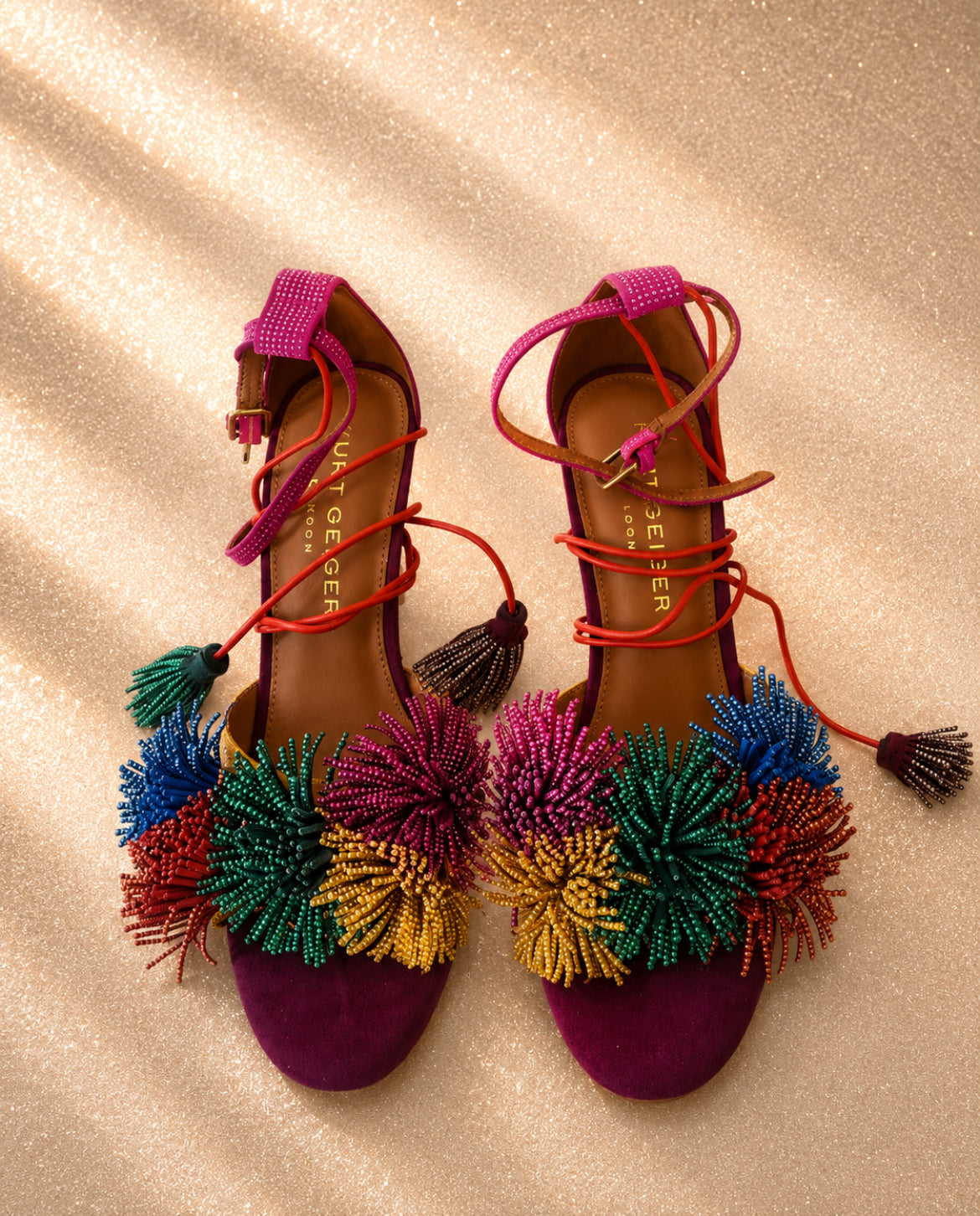 Сандали с ток Kurt Geiger Pom Pom Ankle Tie от естествен велур