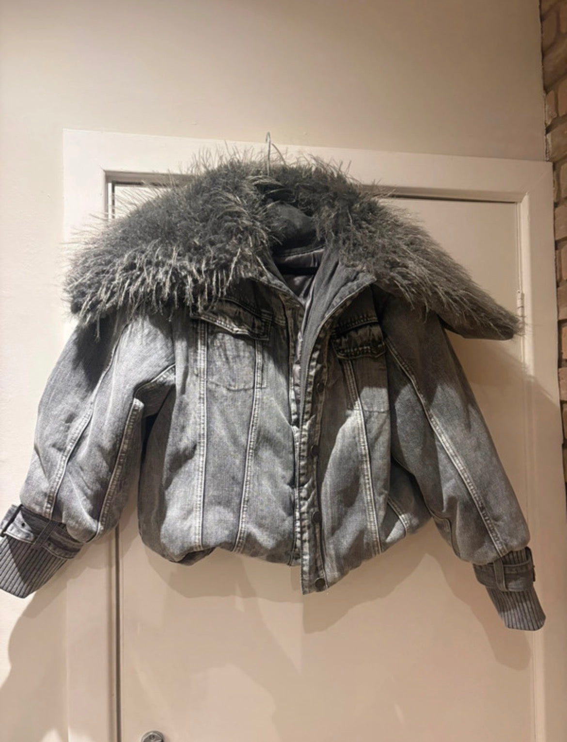 Jaded London Alloy Denim Bomber Fur Coat