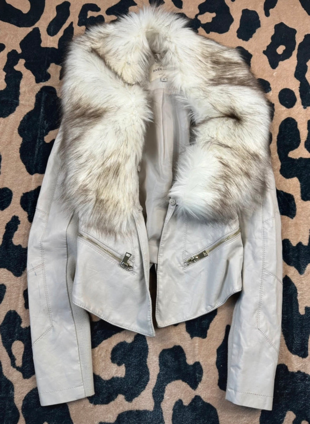 River Island Faux Fur Collar Biker Jacket – кремаво кожено яке с пухкава яка
