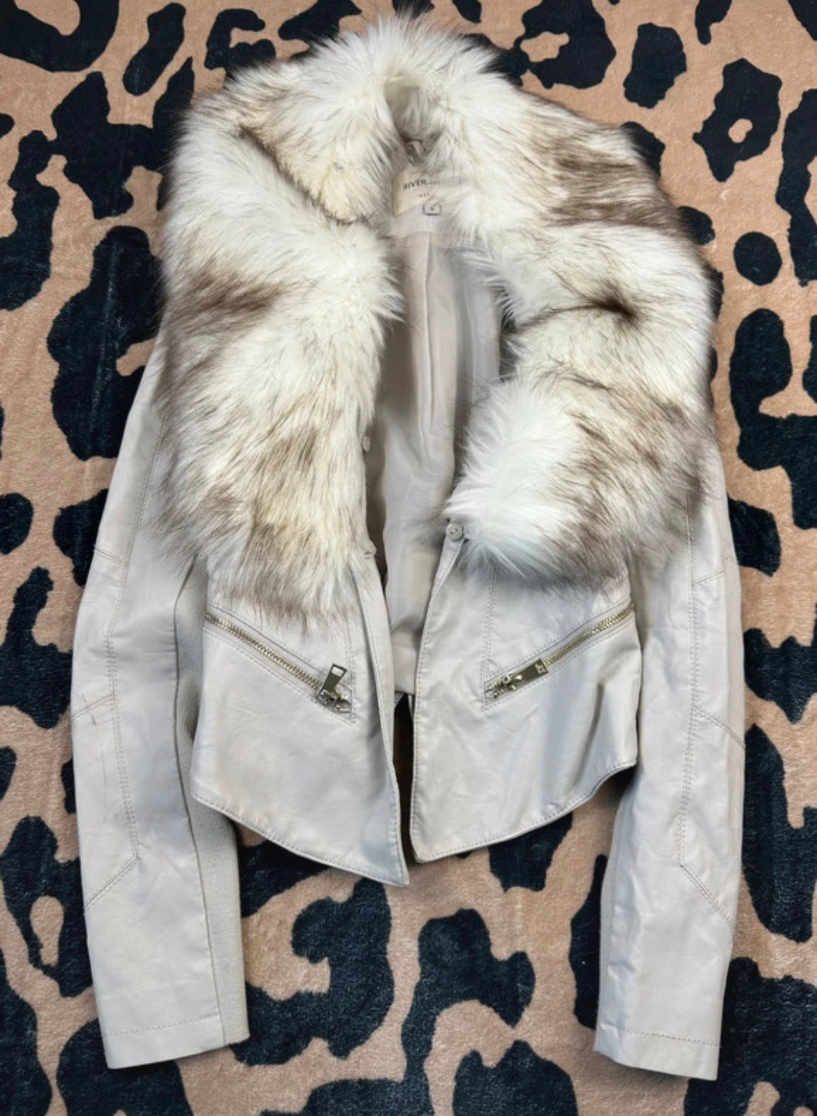 River Island Faux Fur Collar Biker Jacket – кремаво кожено яке с пухкава яка