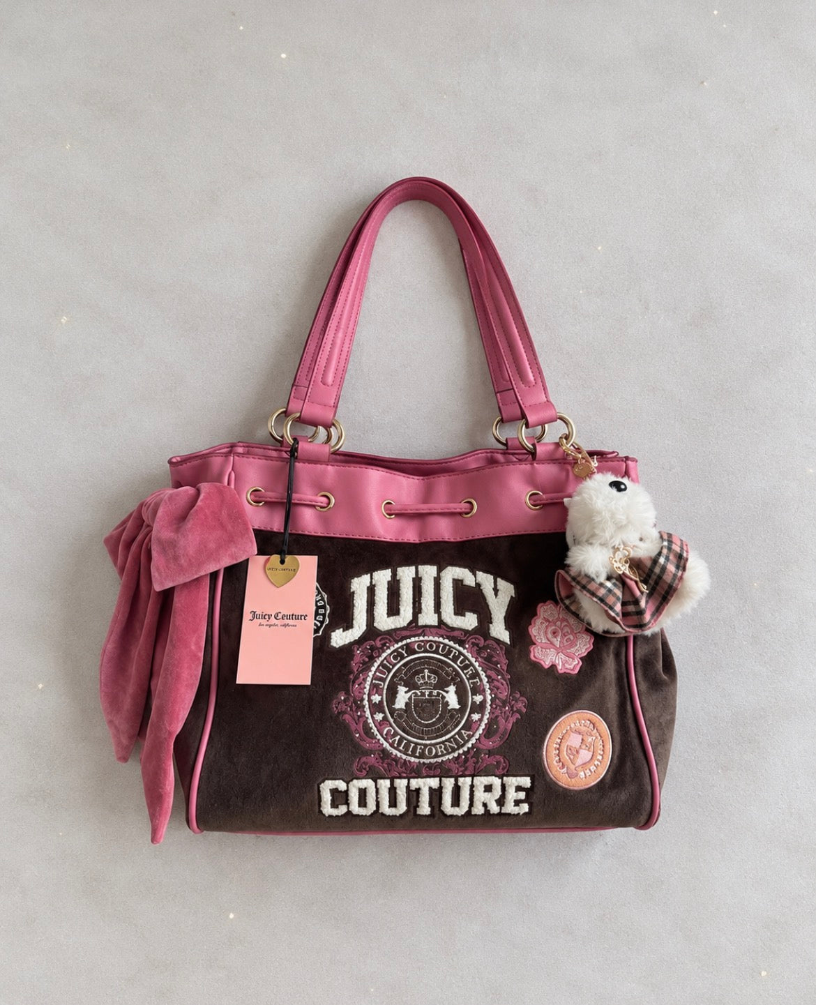 Juicy Couture Y2K велурена чанта с розови панделки и плюшена висулка