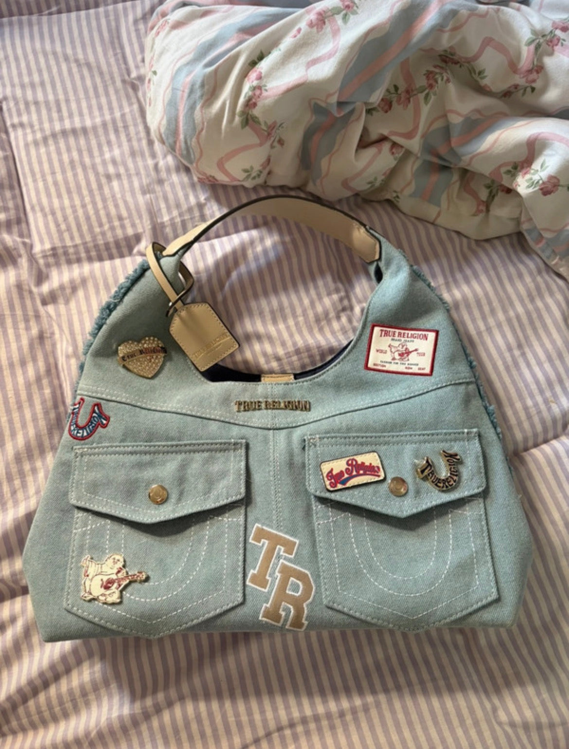 True Religion Y2K Light Wash Denim Hobo чанта