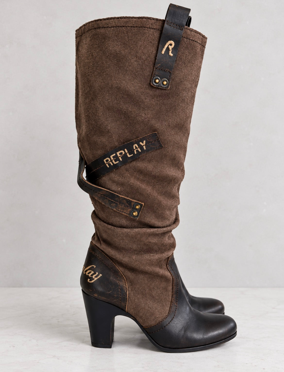 Replay Y2K Slouchy Leather & Suede Knee-High ботуши