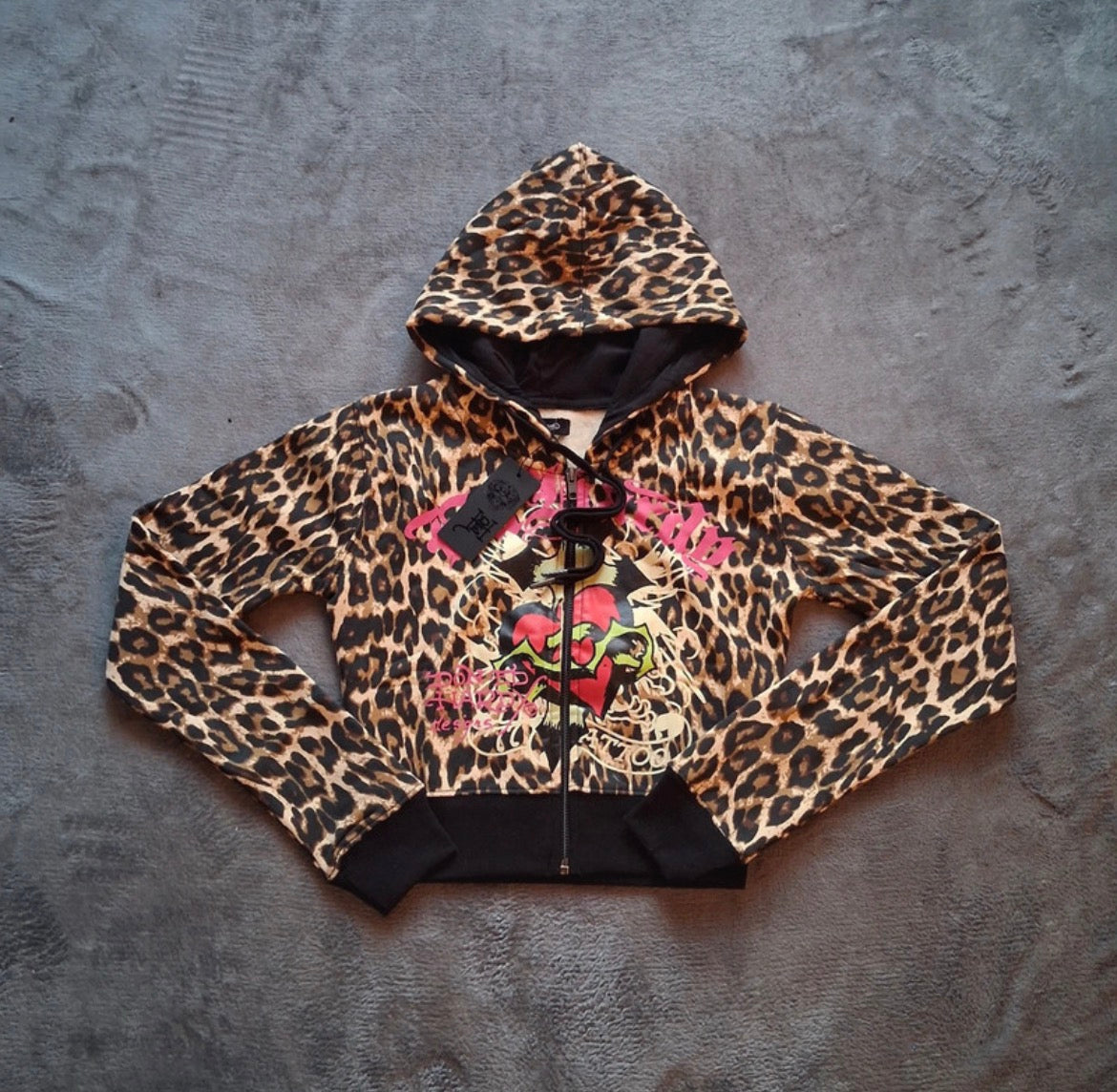 Ed Hardy Sacred Heart Leopard Cropped Zip-Up Hoodie