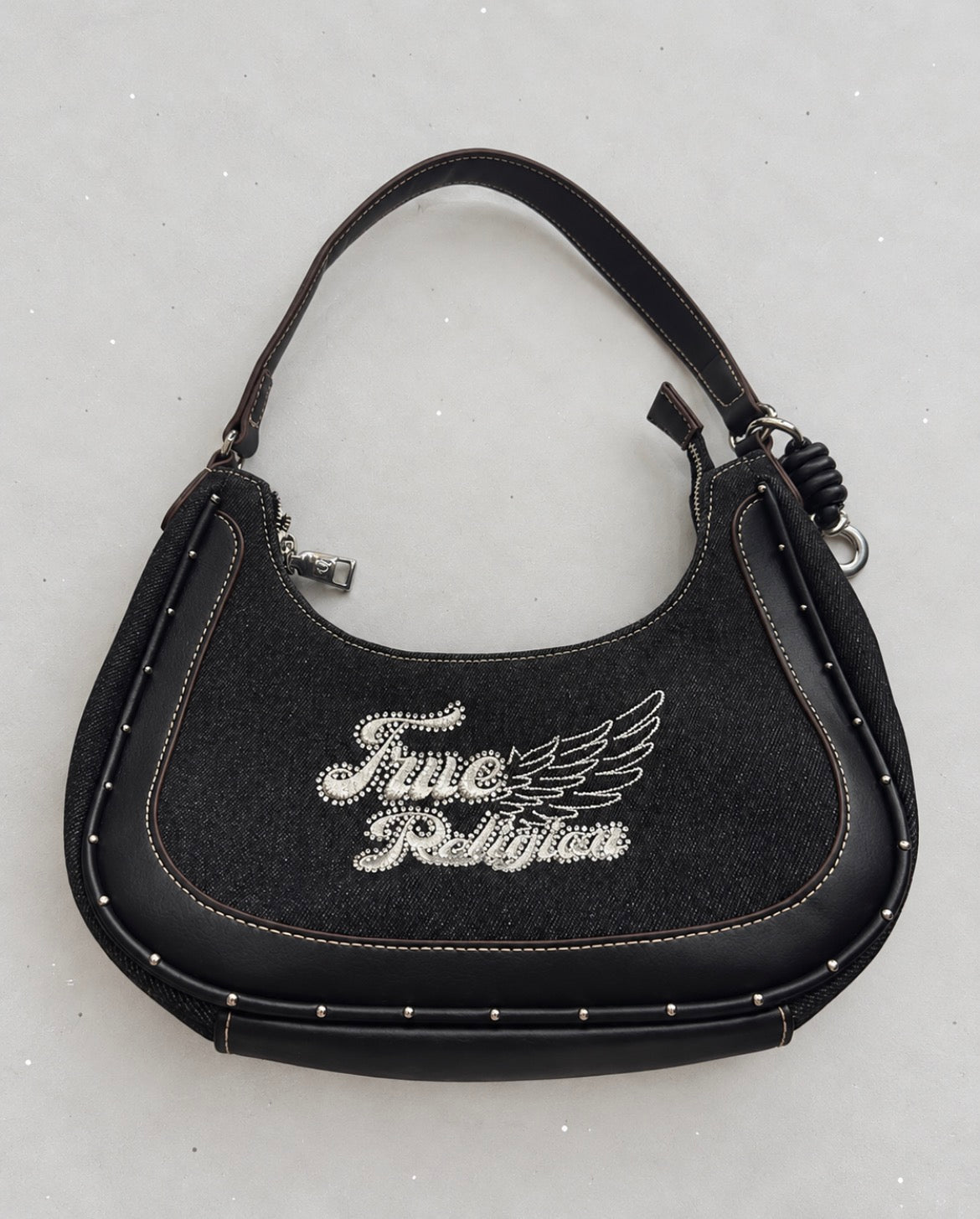 True Religion Y2K Denim Rhinestone Shoulder чанта