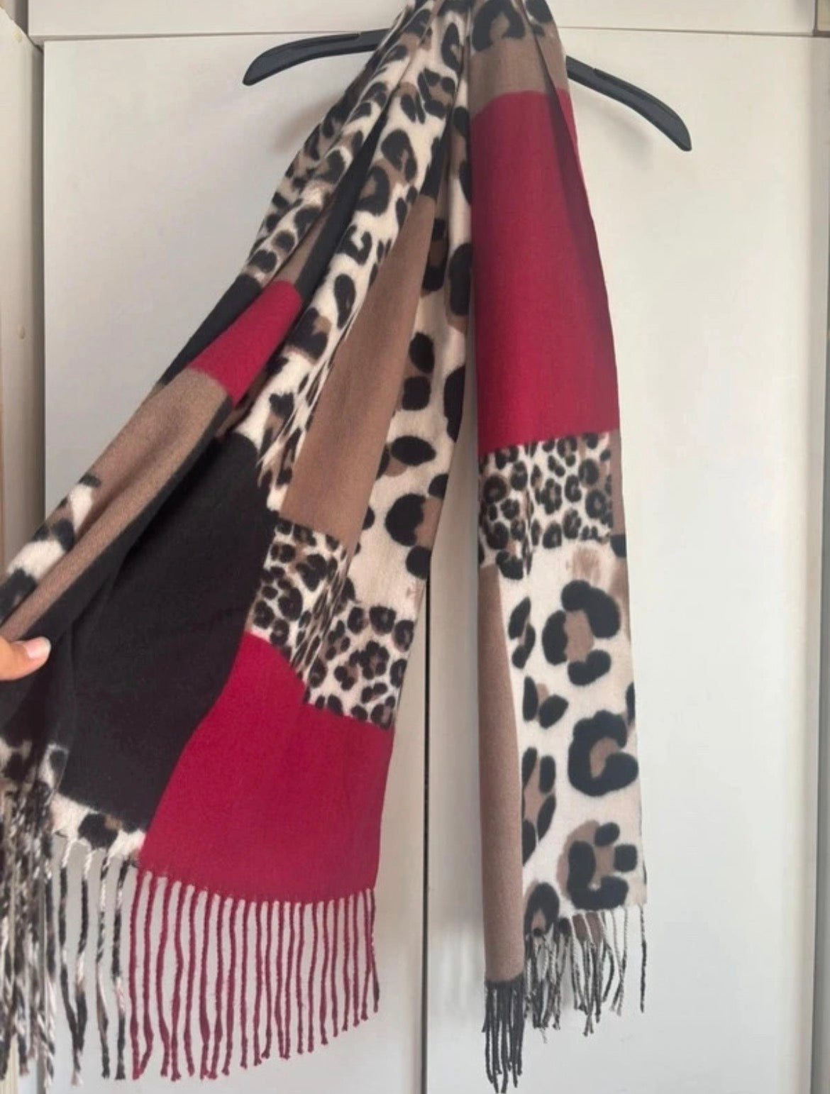 Leopard Print Colourblock Scarf – Burgundy & Camel