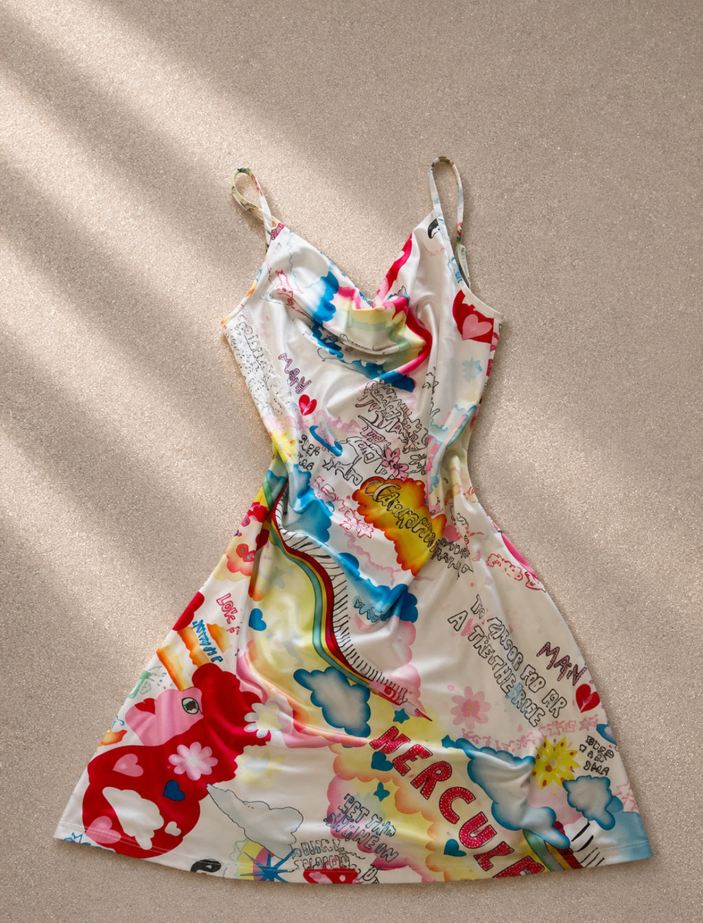 Y2K mini dress с draped cowl neckline и супер характерен цветен graphic принт в стил early-2000s pop art