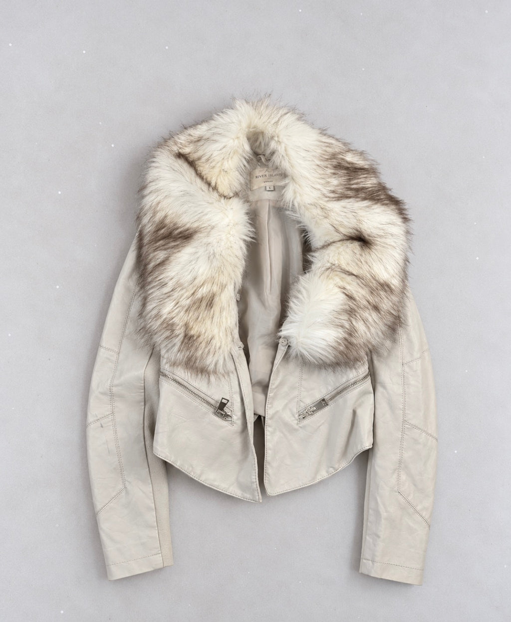 River Island Faux Fur Collar Biker Jacket – кремаво кожено яке с пухкава яка