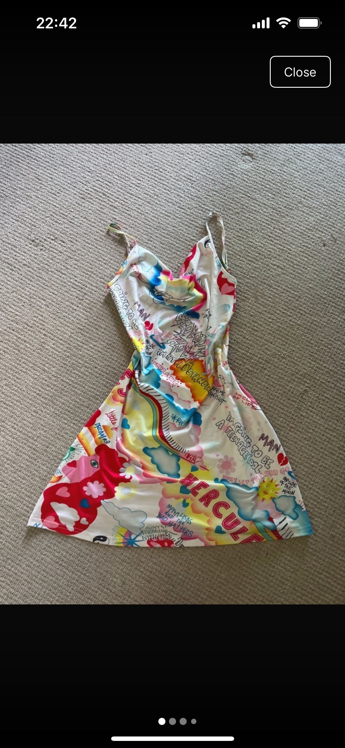 Y2K mini dress с draped cowl neckline и супер характерен цветен graphic принт в стил early-2000s pop art