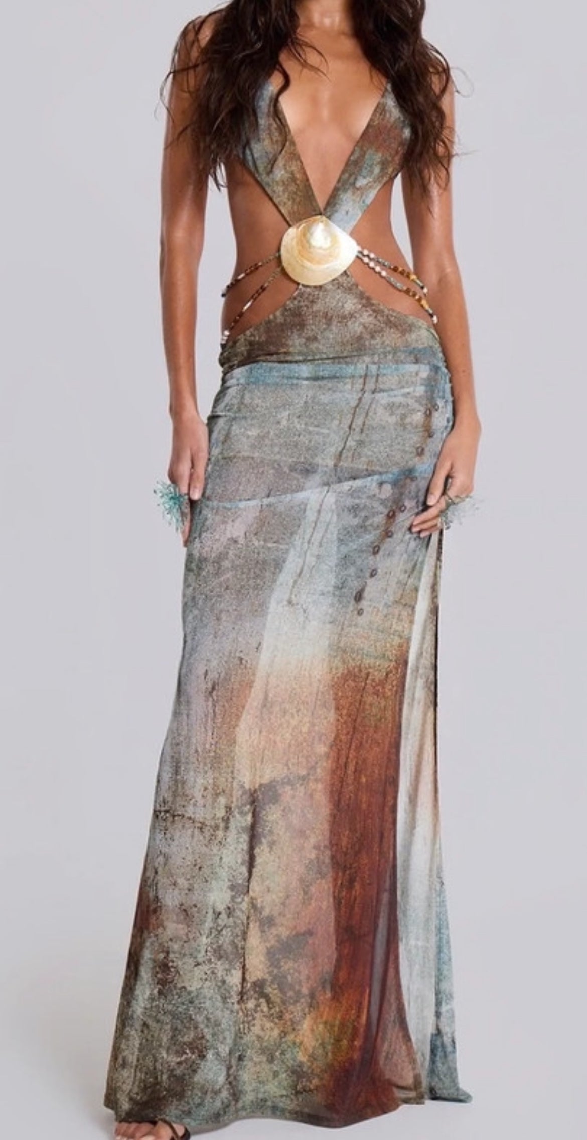 Jaded London Vida Backless Maxi Dress with Shell Trim in Marine