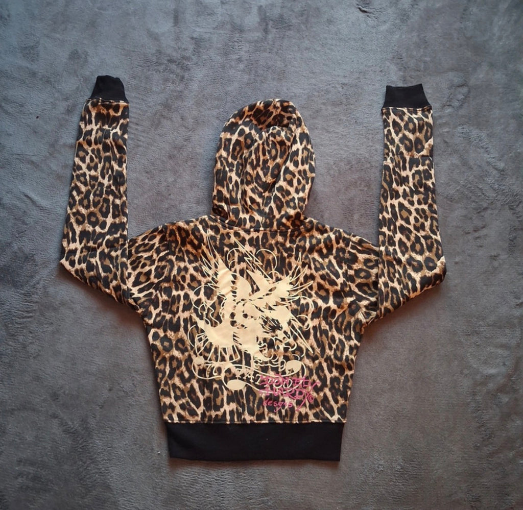 Ed Hardy Sacred Heart Leopard Cropped Zip-Up Hoodie