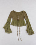 Olive Green Fairycore Lace-Up Bell Sleeve топ