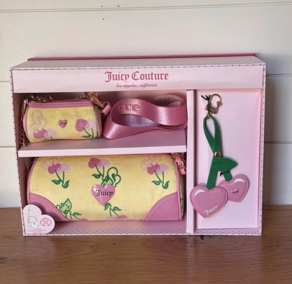 Лимитиран комплект Juicy Couture с емблематична barrel bag, мини pouch, crossbody презрамка и черешов charm