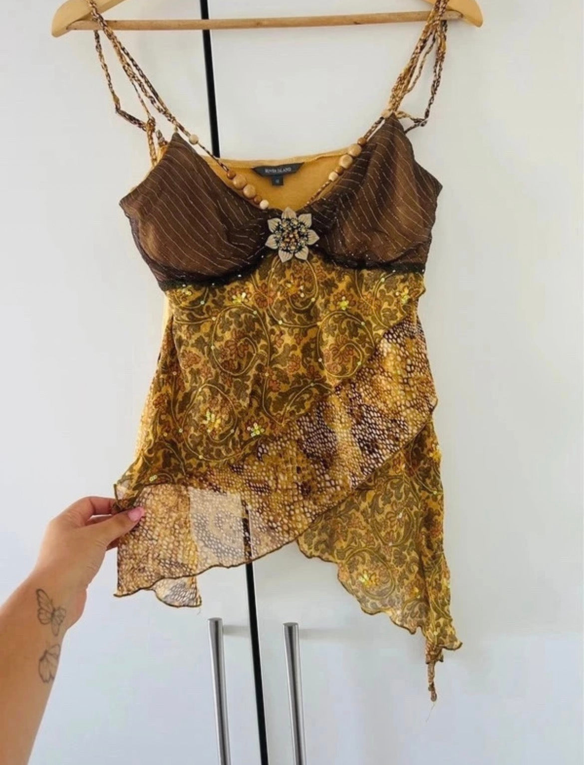 Vintage River Island Y2K асиметричен топ с пайети и декоративни мъниста