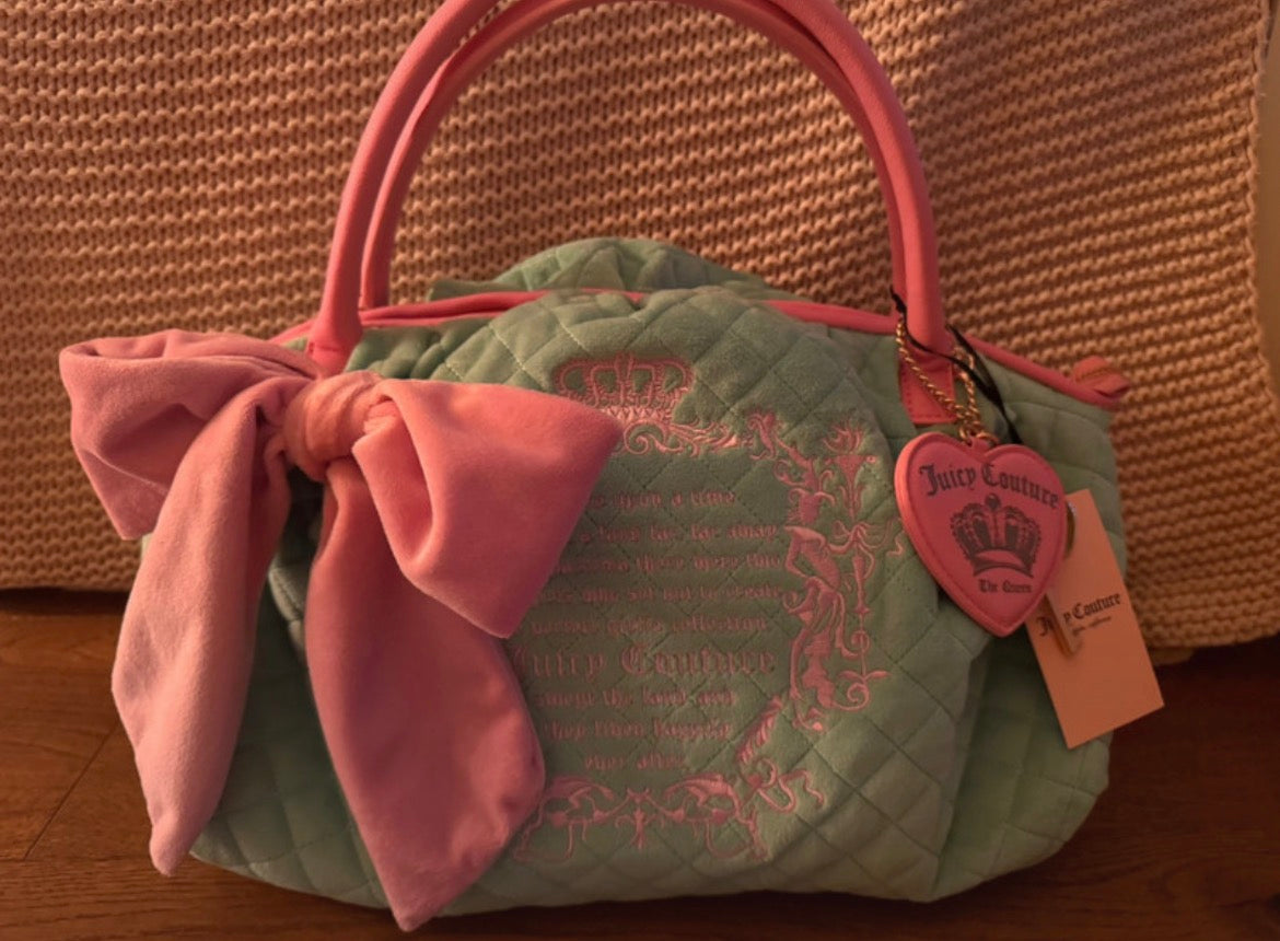 Y2K чанта Juicy Couture в шамфъстъчено зелено с розова панделка