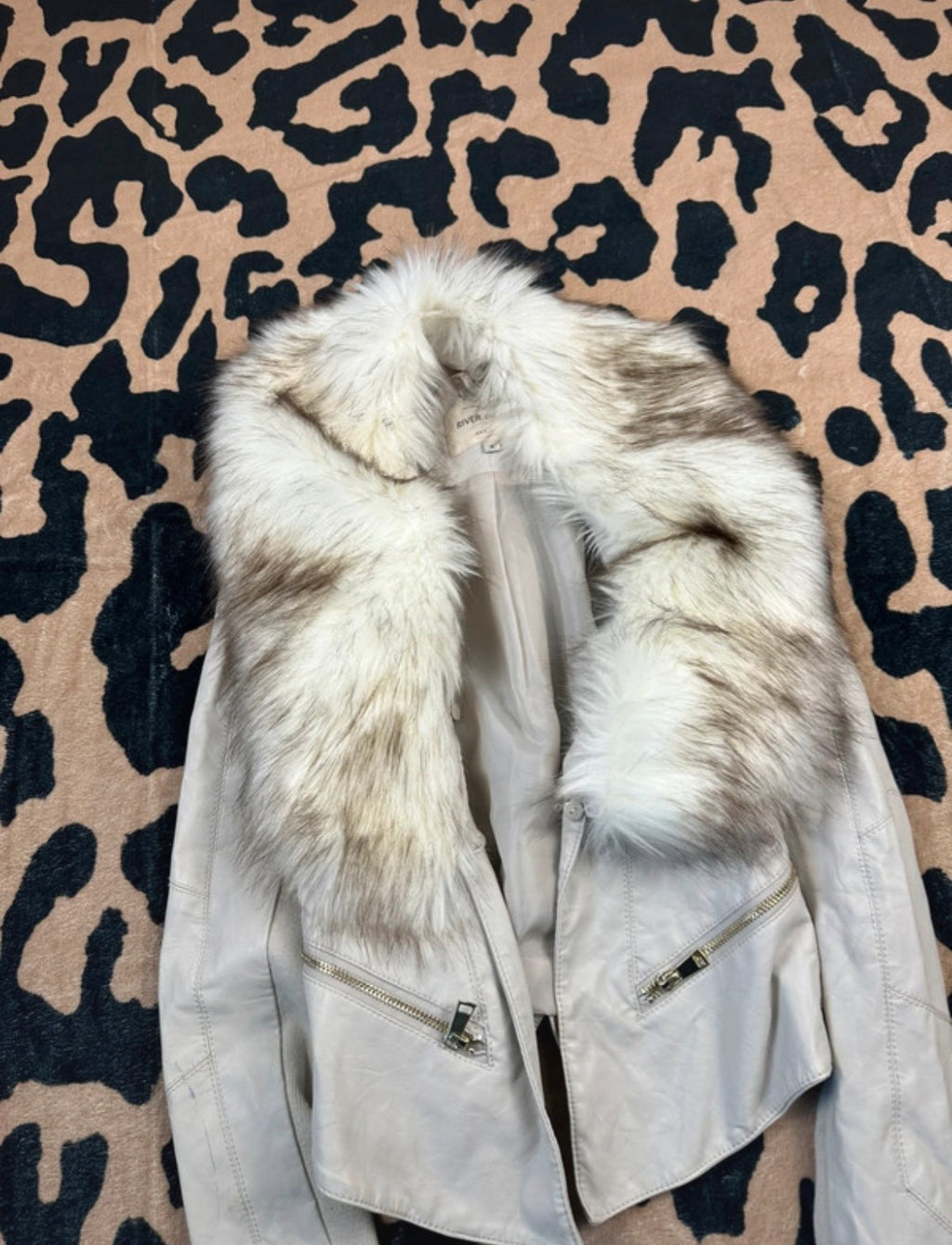 River Island Faux Fur Collar Biker Jacket – кремаво кожено яке с пухкава яка