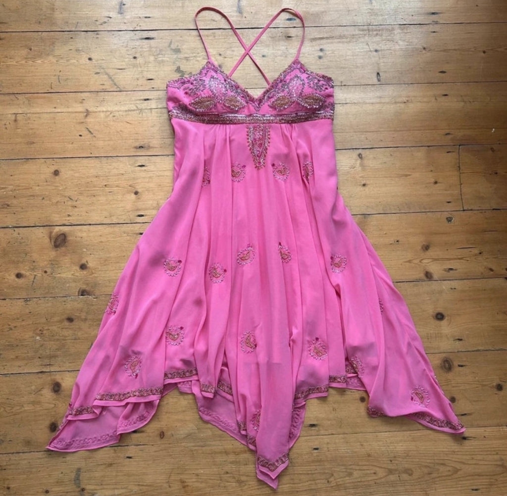 Винтидж fairycore рокля в наситено fuchsia pink - естествена коприна