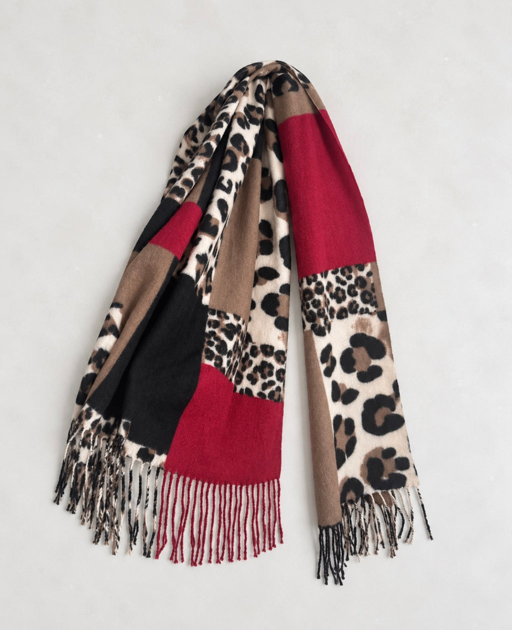 Leopard Print Colourblock Scarf – Burgundy & Camel