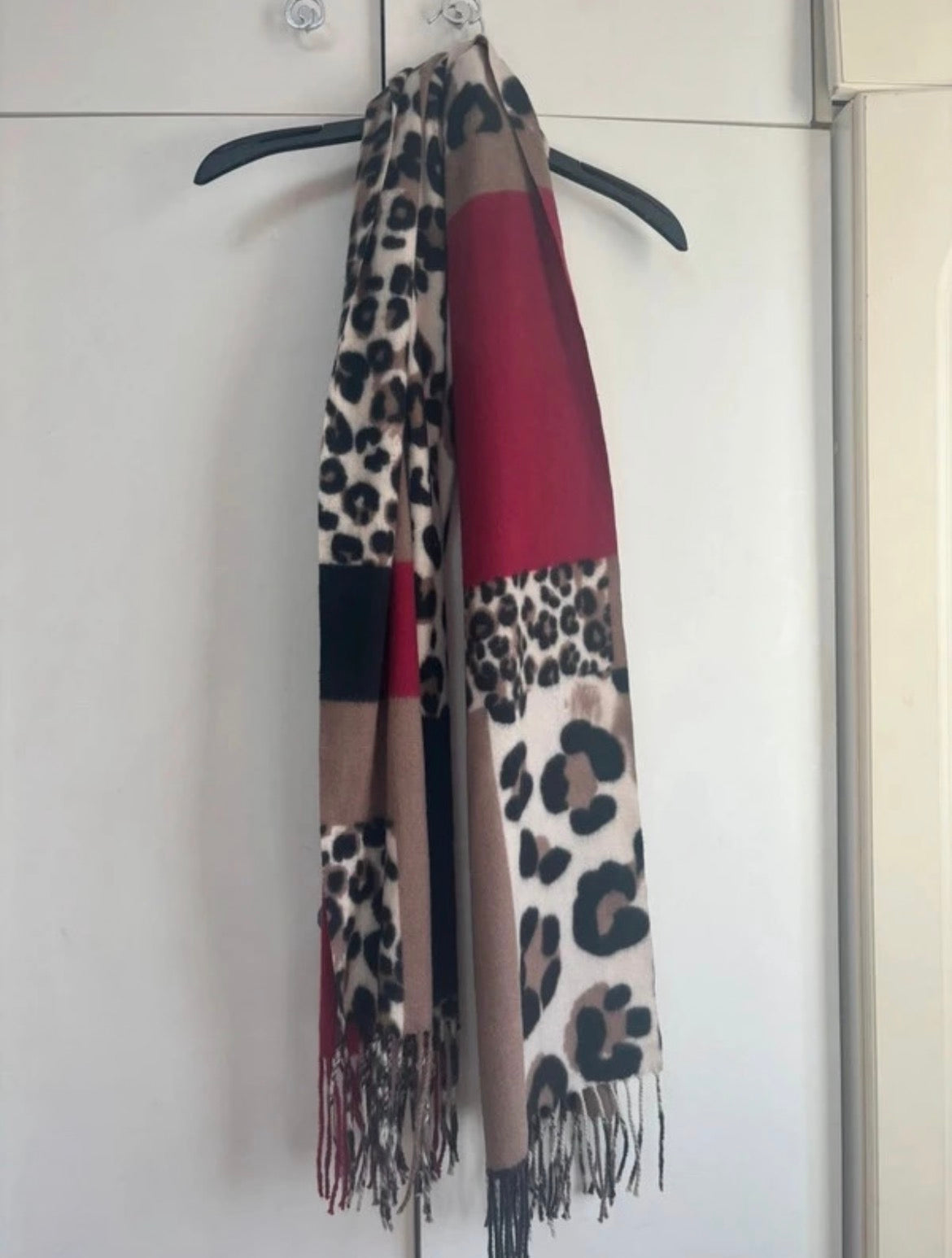 Leopard Print Colourblock Scarf – Burgundy & Camel
