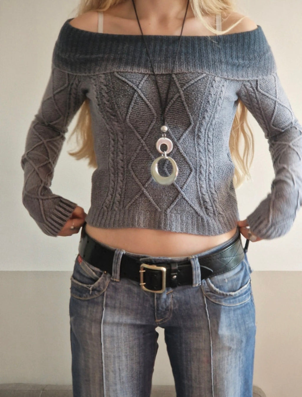 Subdued Y2K Off-Shoulder Cable Knit Jumper
