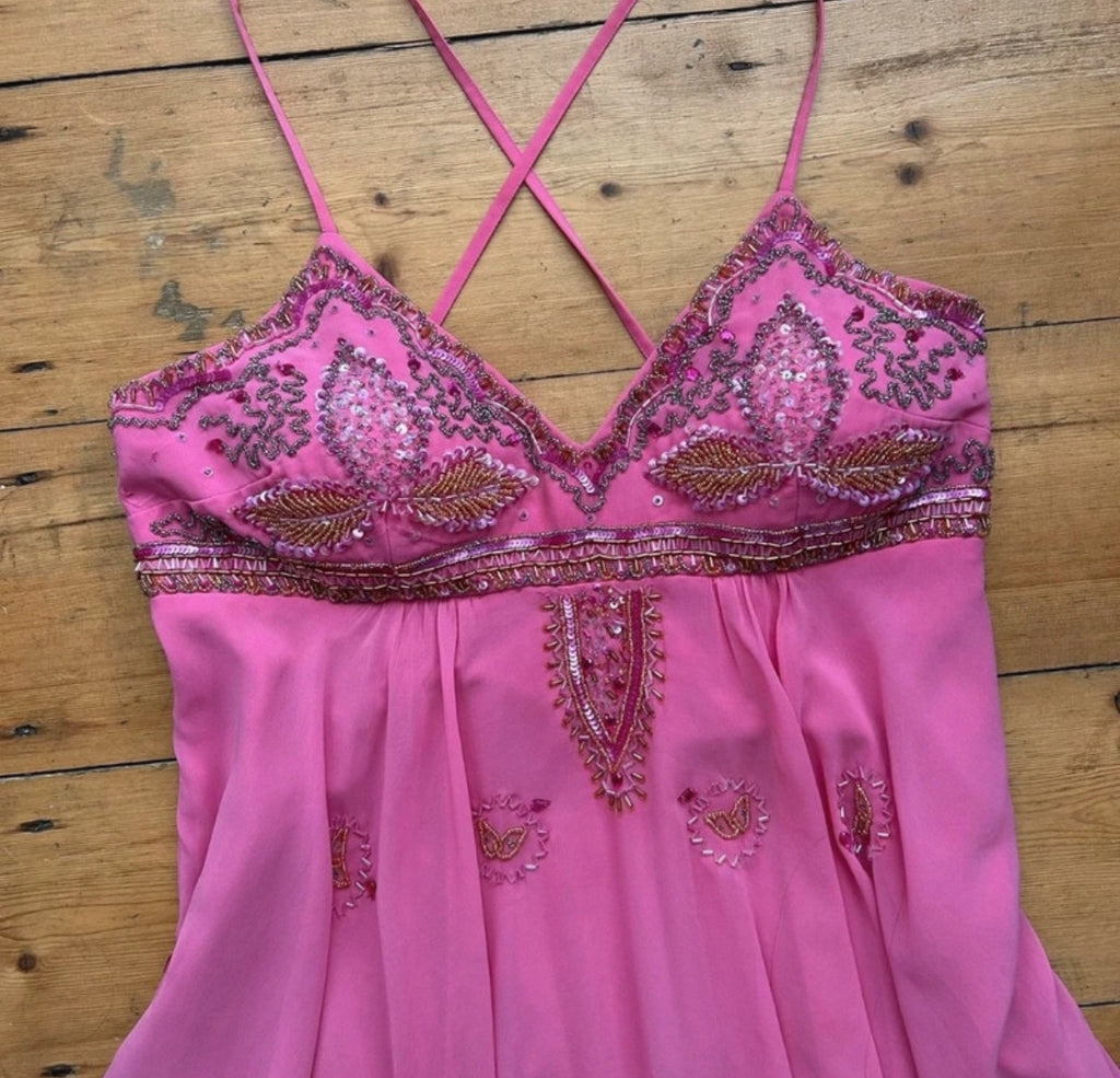 Винтидж fairycore рокля в наситено fuchsia pink - естествена коприна
