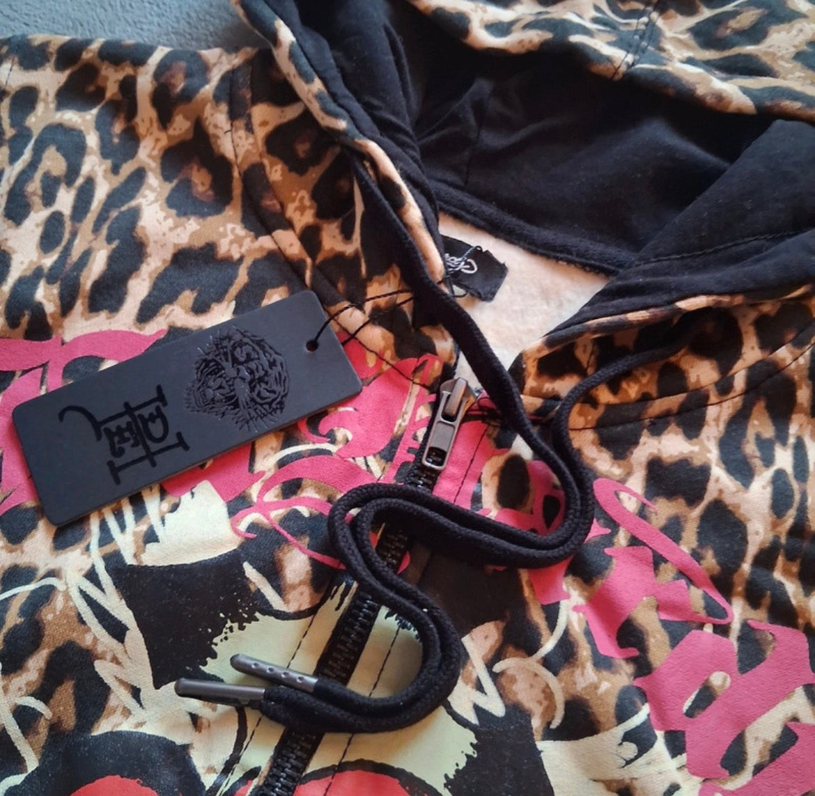 Ed Hardy Sacred Heart Leopard Cropped Zip-Up Hoodie