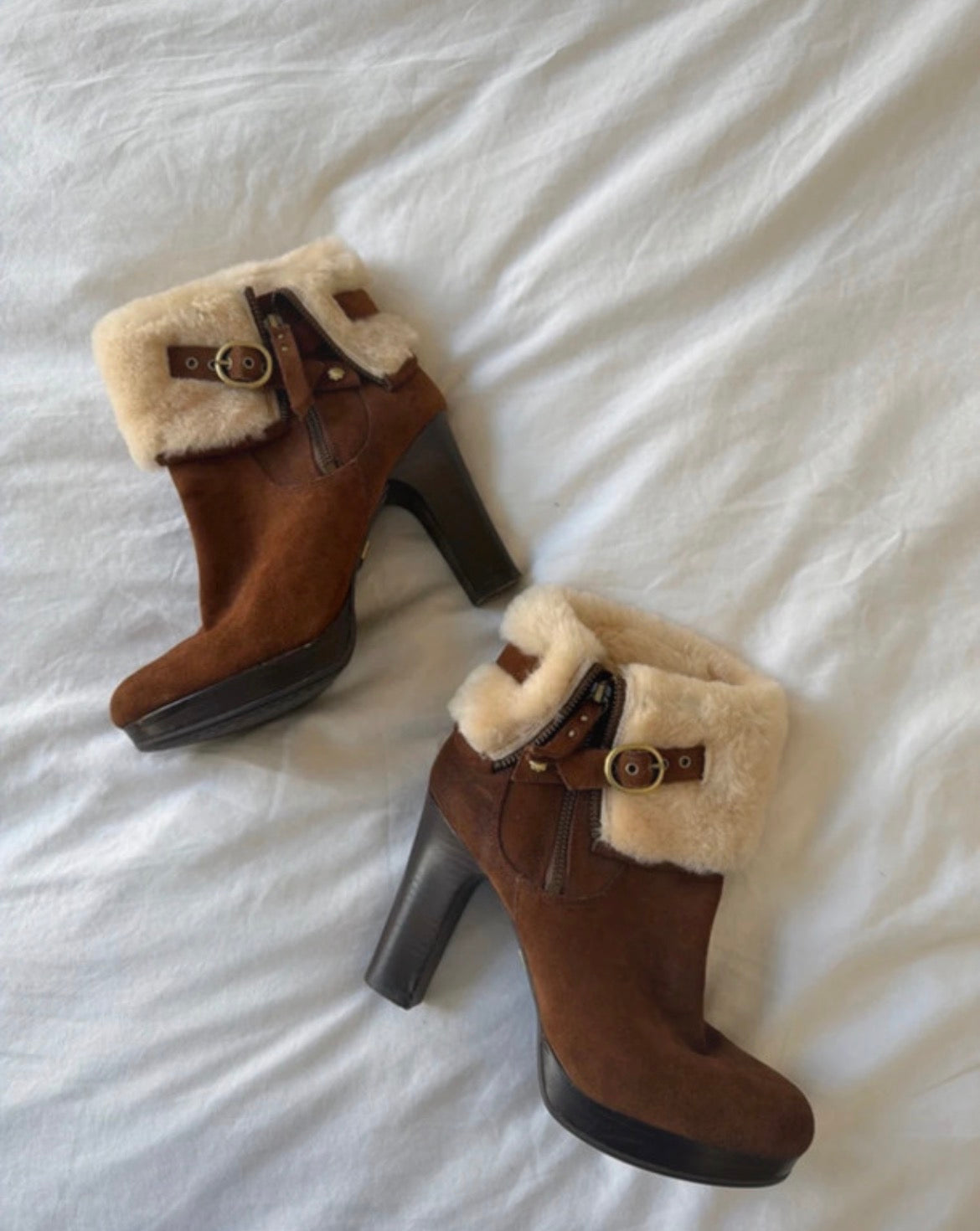 Винтидж UGG боти на висок ток с пух и катарами - 39,5