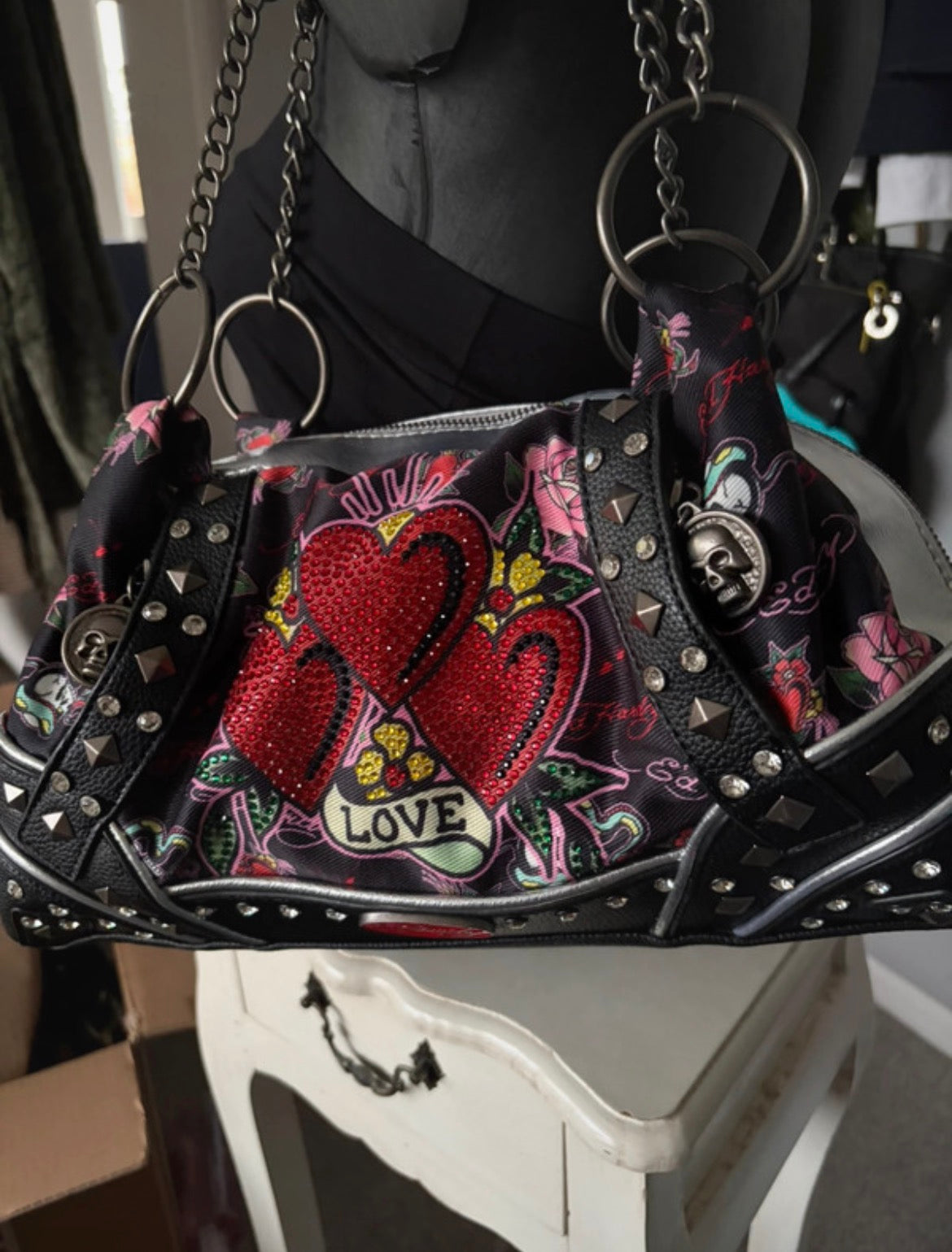 Ed Hardy Y2K Embellished Love Hearts Shoulder чанта