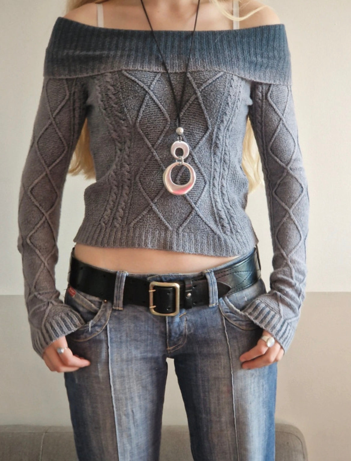 Subdued Y2K Off-Shoulder Cable Knit Jumper