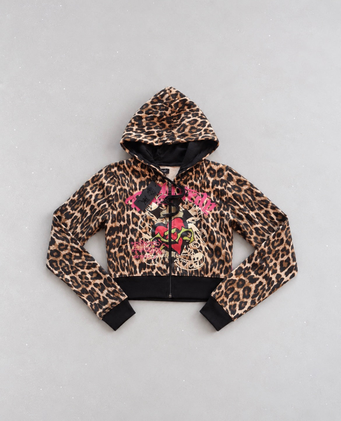 Ed Hardy Sacred Heart Leopard Cropped Zip-Up Hoodie