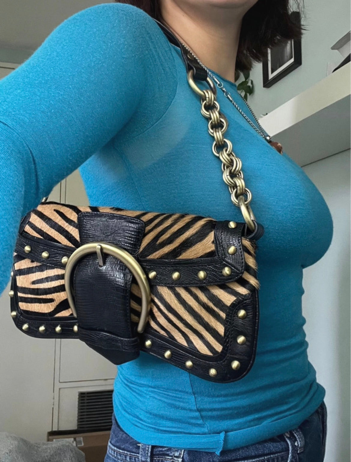 Karen Millen Y2K Zebra Pony Hair-Effect Shoulder Bag