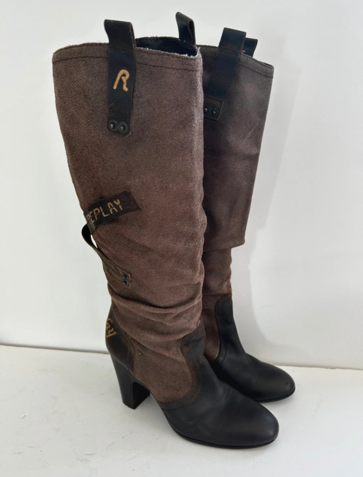 Replay Y2K Slouchy Leather & Suede Knee-High ботуши