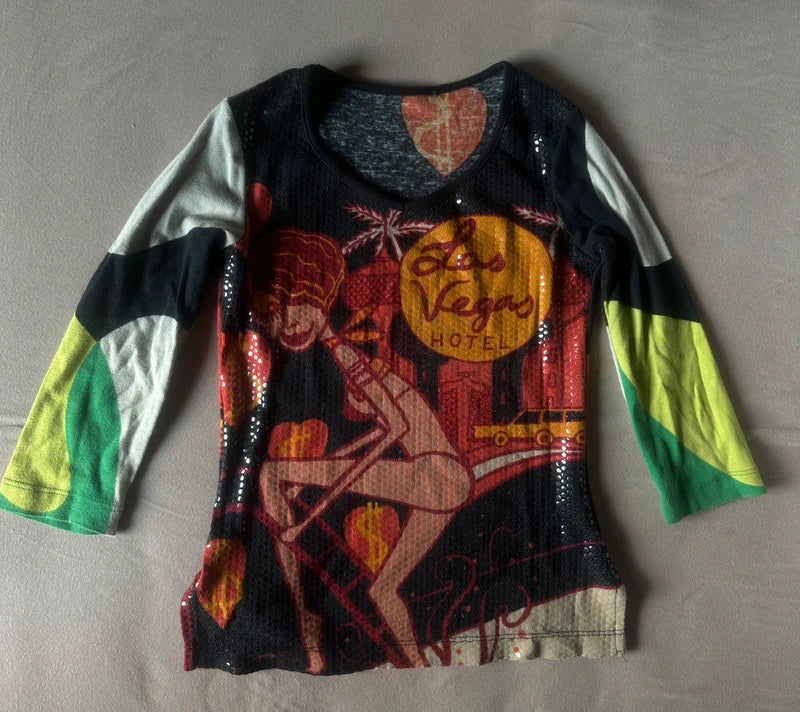 Vintage Custo Barcelona „Las Vegas“ Y2K графичен топ