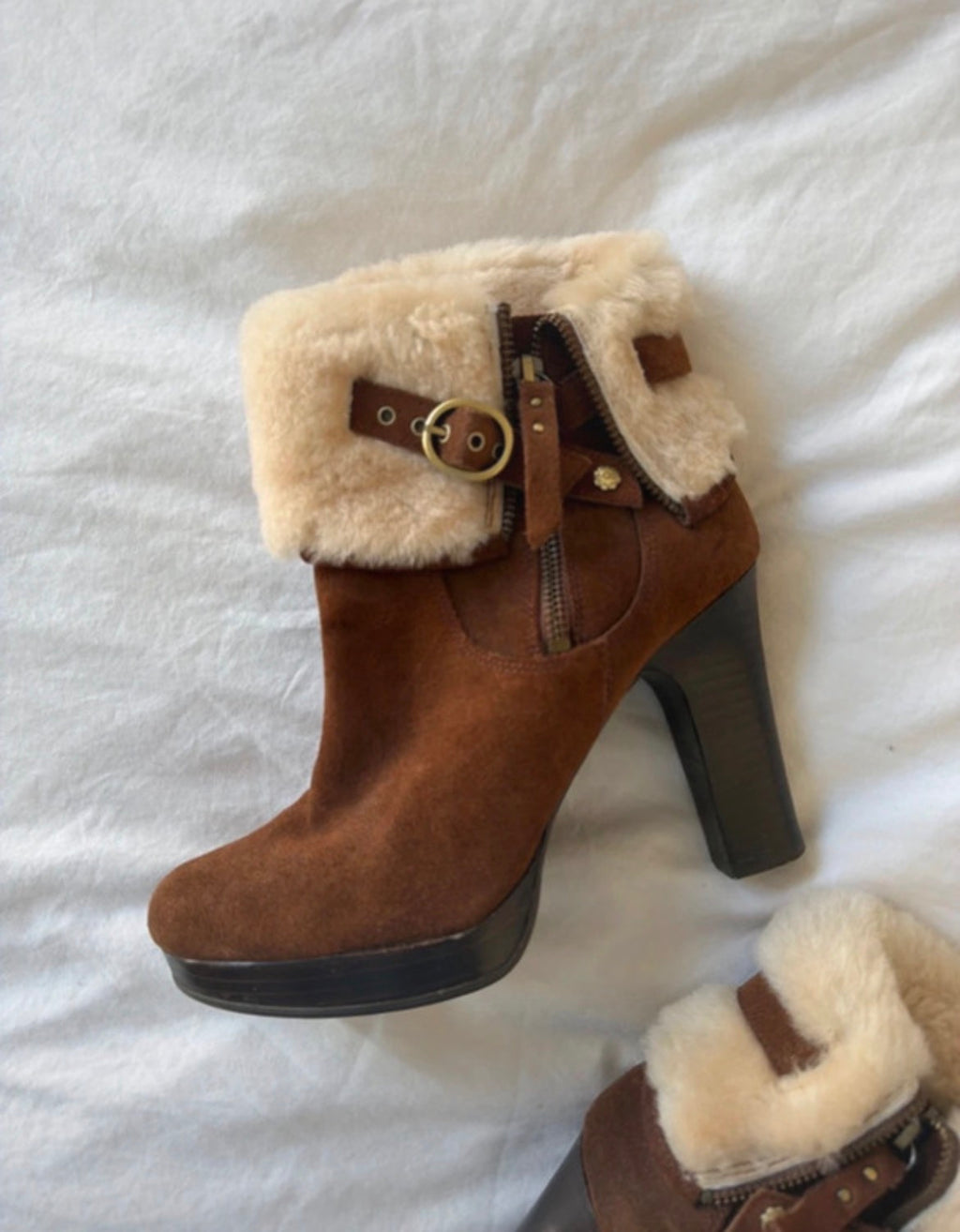 Винтидж UGG боти на висок ток с пух и катарами - 39,5