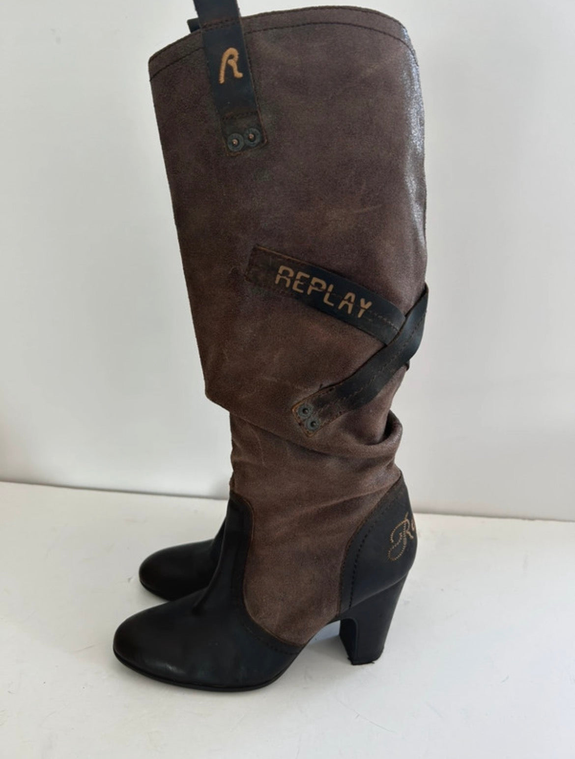 Replay Y2K Slouchy Leather & Suede Knee-High ботуши