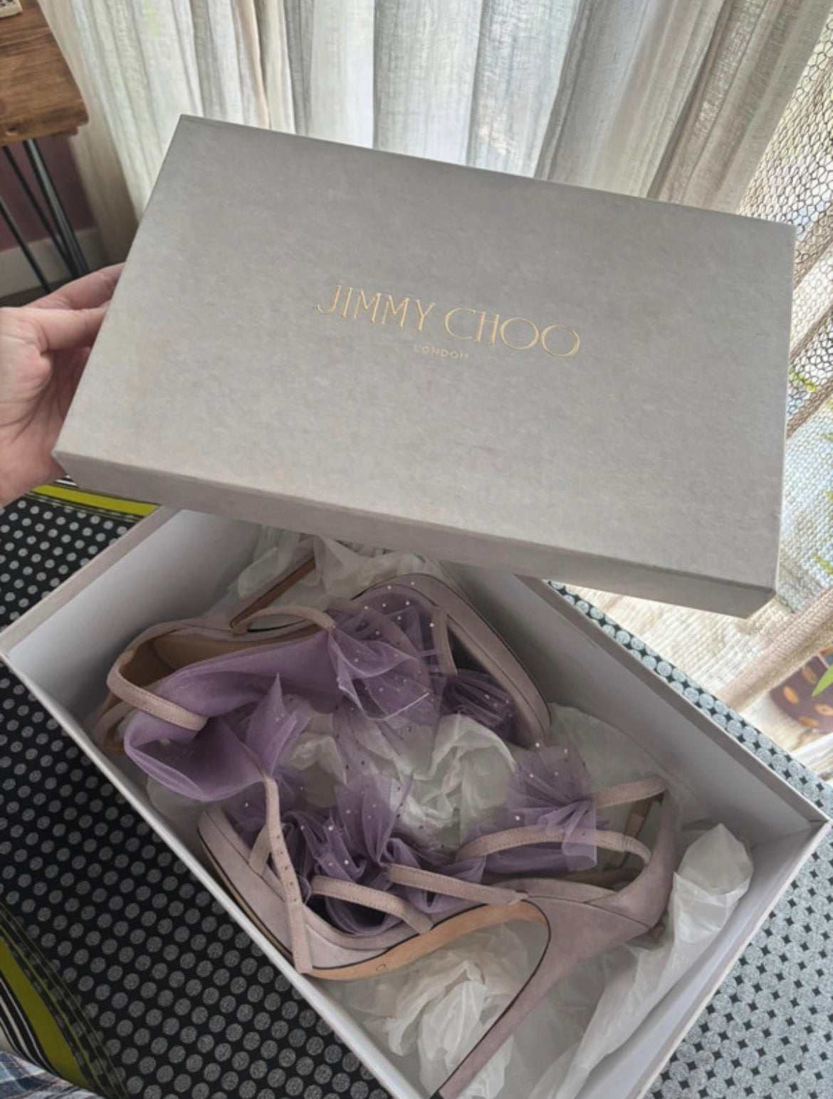 Jimmy Choo дизайнерски сандали на ток с лилав тюл и кристали