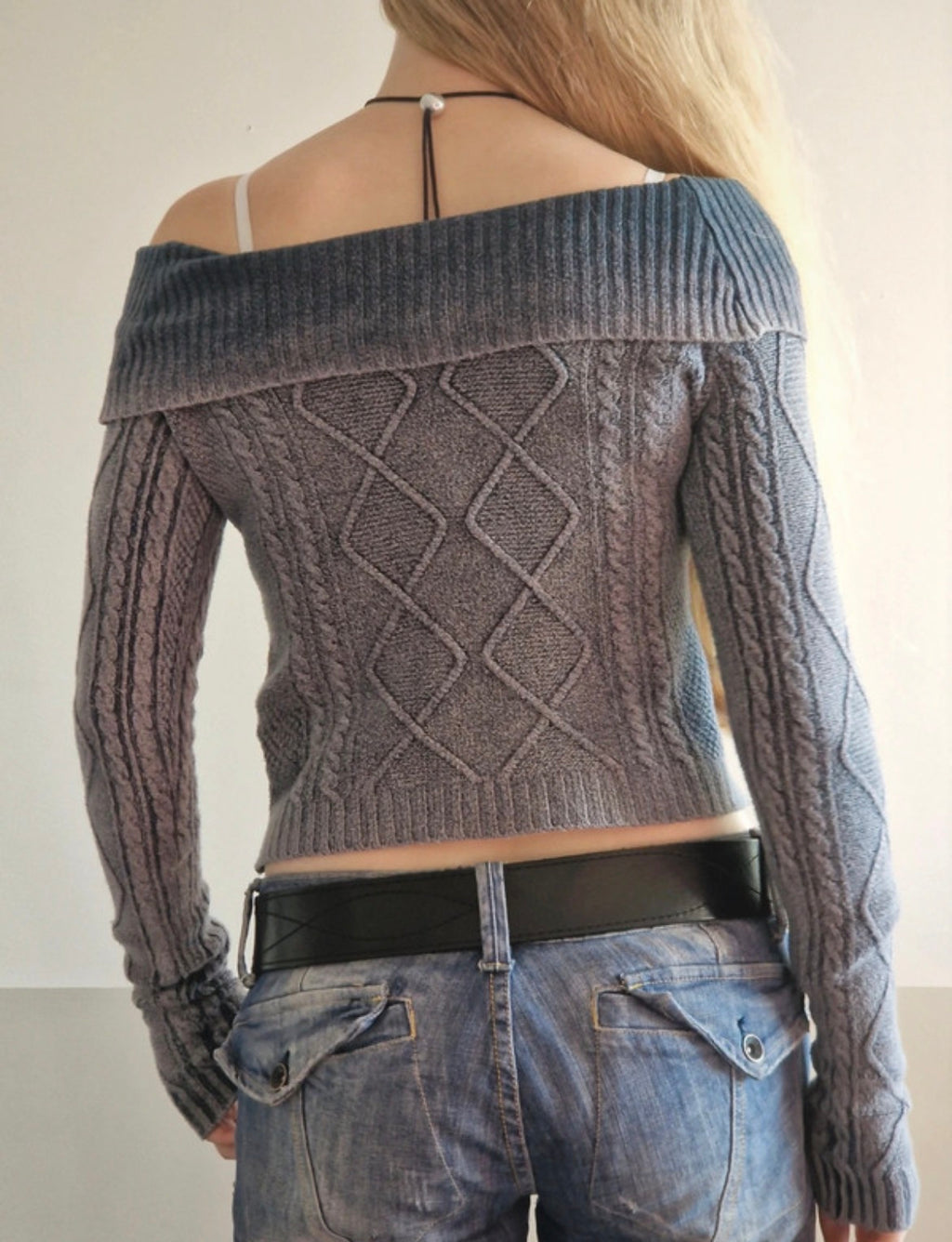 Subdued Y2K Off-Shoulder Cable Knit Jumper