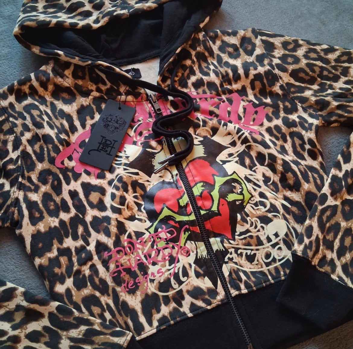 Ed Hardy Sacred Heart Leopard Cropped Zip-Up Hoodie