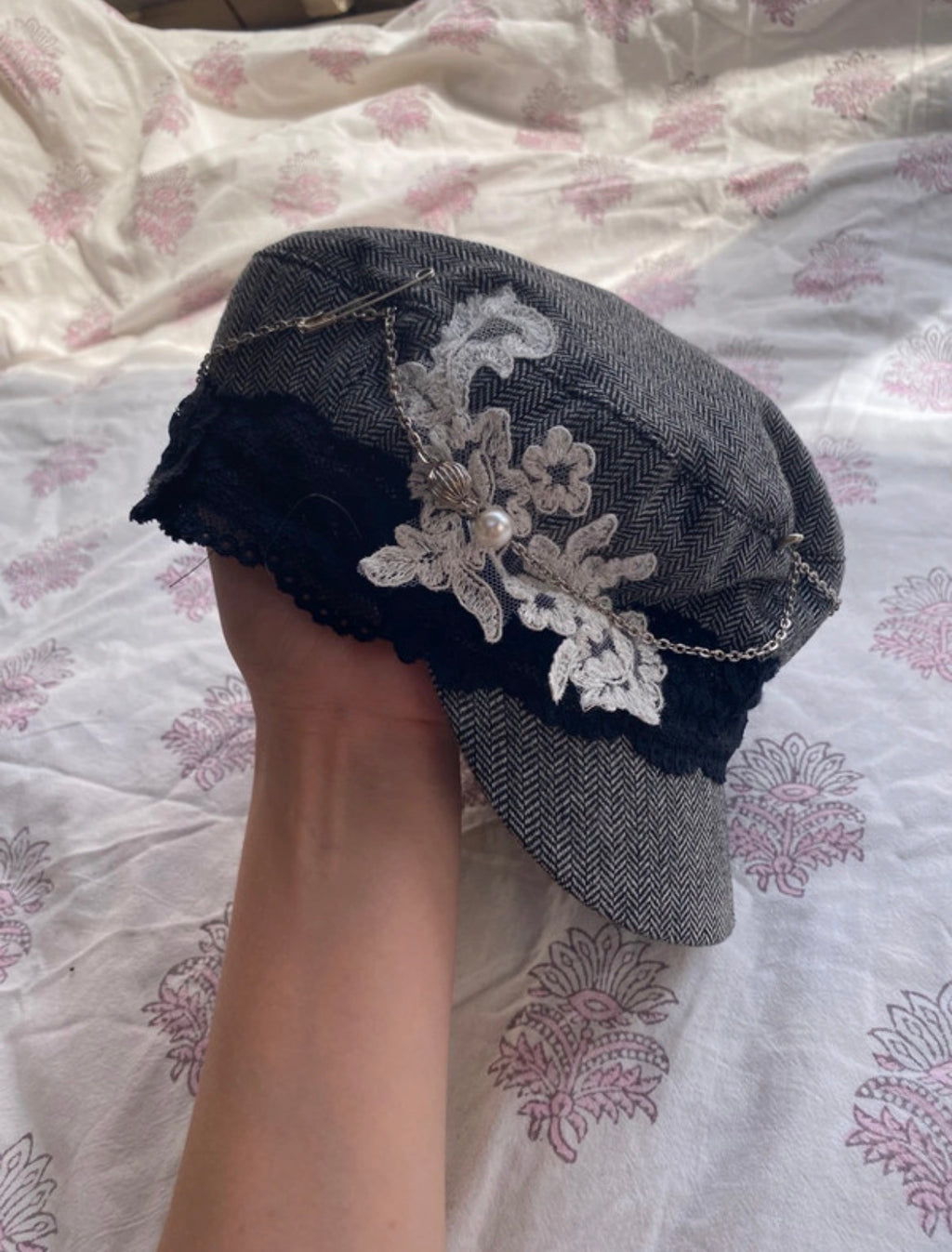 Upcycled Monsoon Herringbone Baker Boy шапка