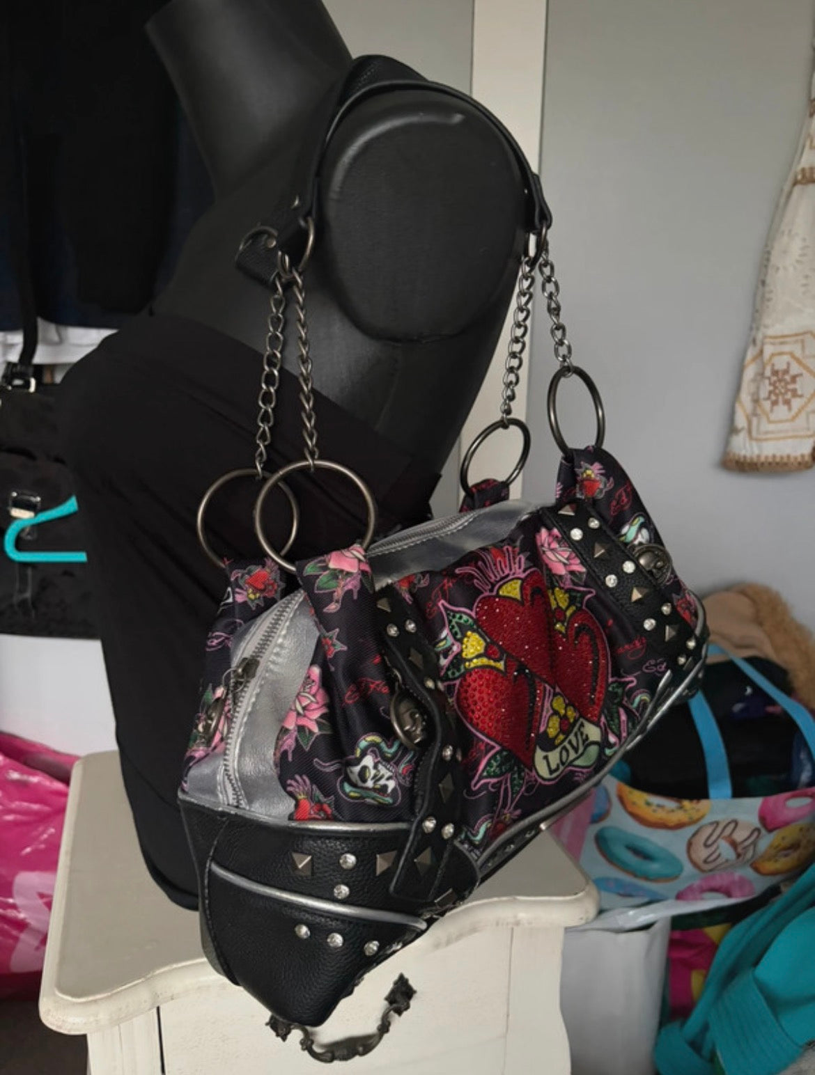 Ed Hardy Y2K Embellished Love Hearts Shoulder чанта