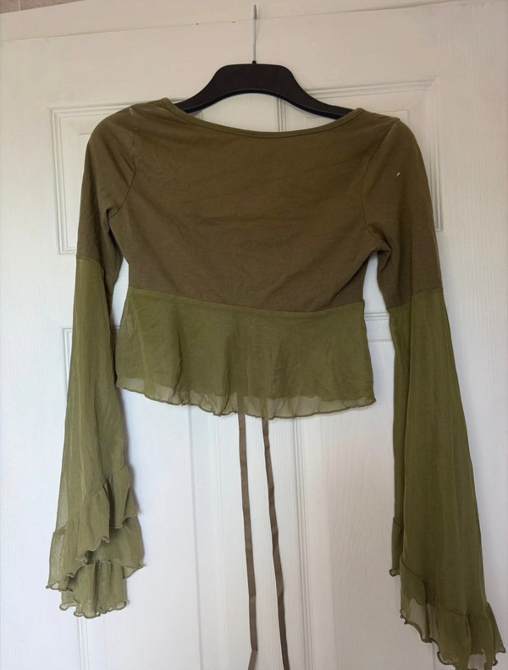 Olive Green Fairycore Lace-Up Bell Sleeve топ