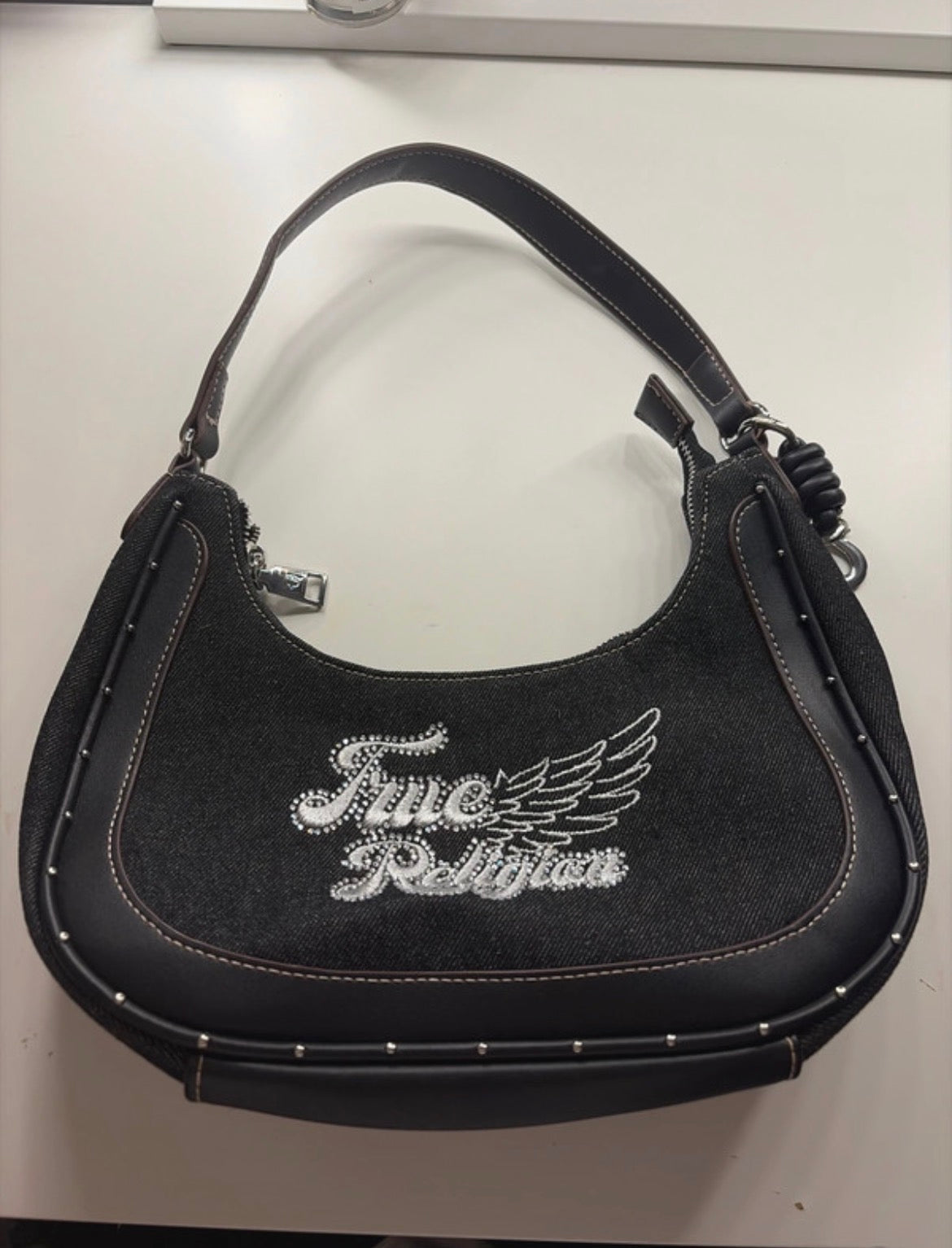 True Religion Y2K Denim Rhinestone Shoulder чанта
