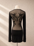 Черна мини рокля Jaded London с полупрозрачен mesh панел и готически flock принт - Sunday West Boutique