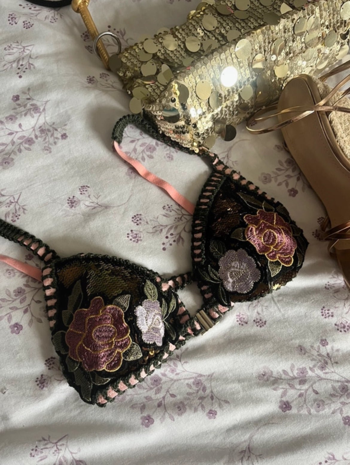 Y2K бикини топ River Island с флорална бродерия и пайети - Sunday West Boutique